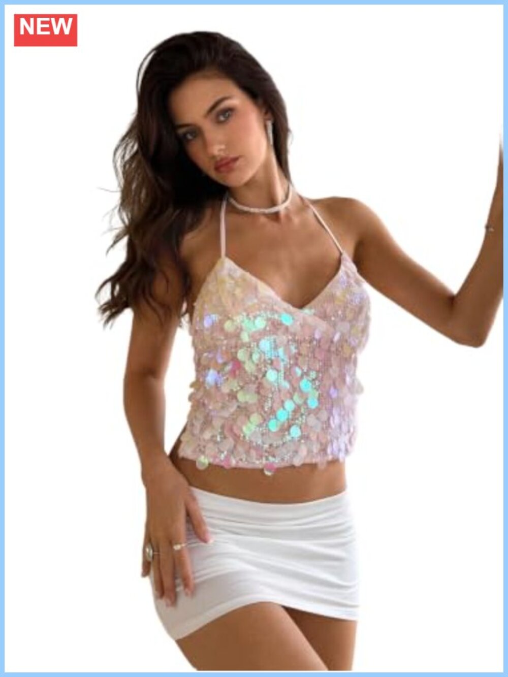 Women's Sparkly Sequin Halter Backless Rave Crop Cami Y2K Party Top